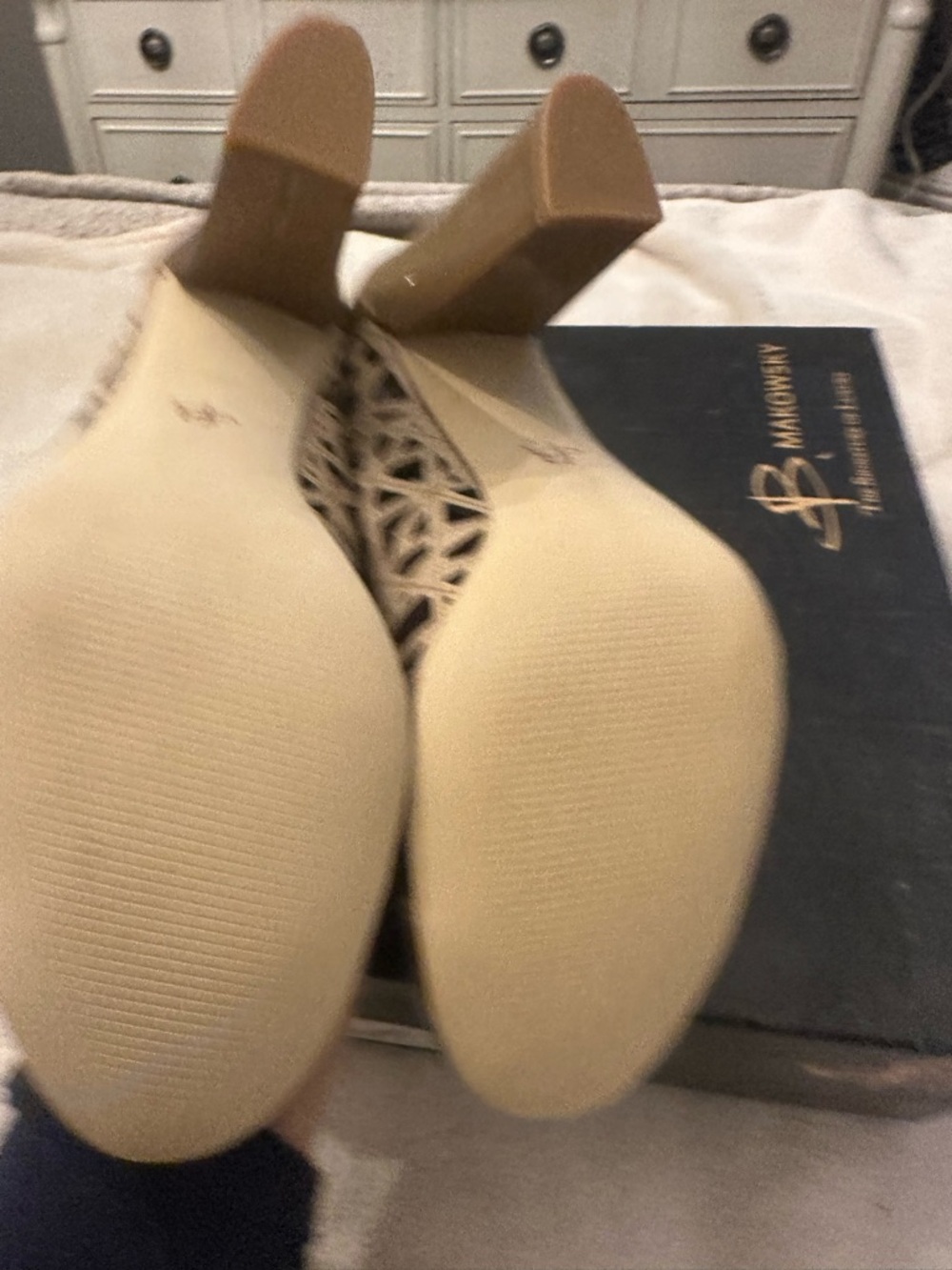 b. makowsky Taupe Laser-Cut Block Heel Pumps with Bow - Picture 4 of 4